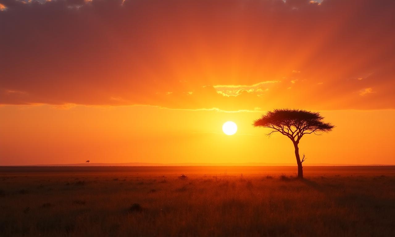 Rozległa afrykańska sawanna o wschodzie słońca