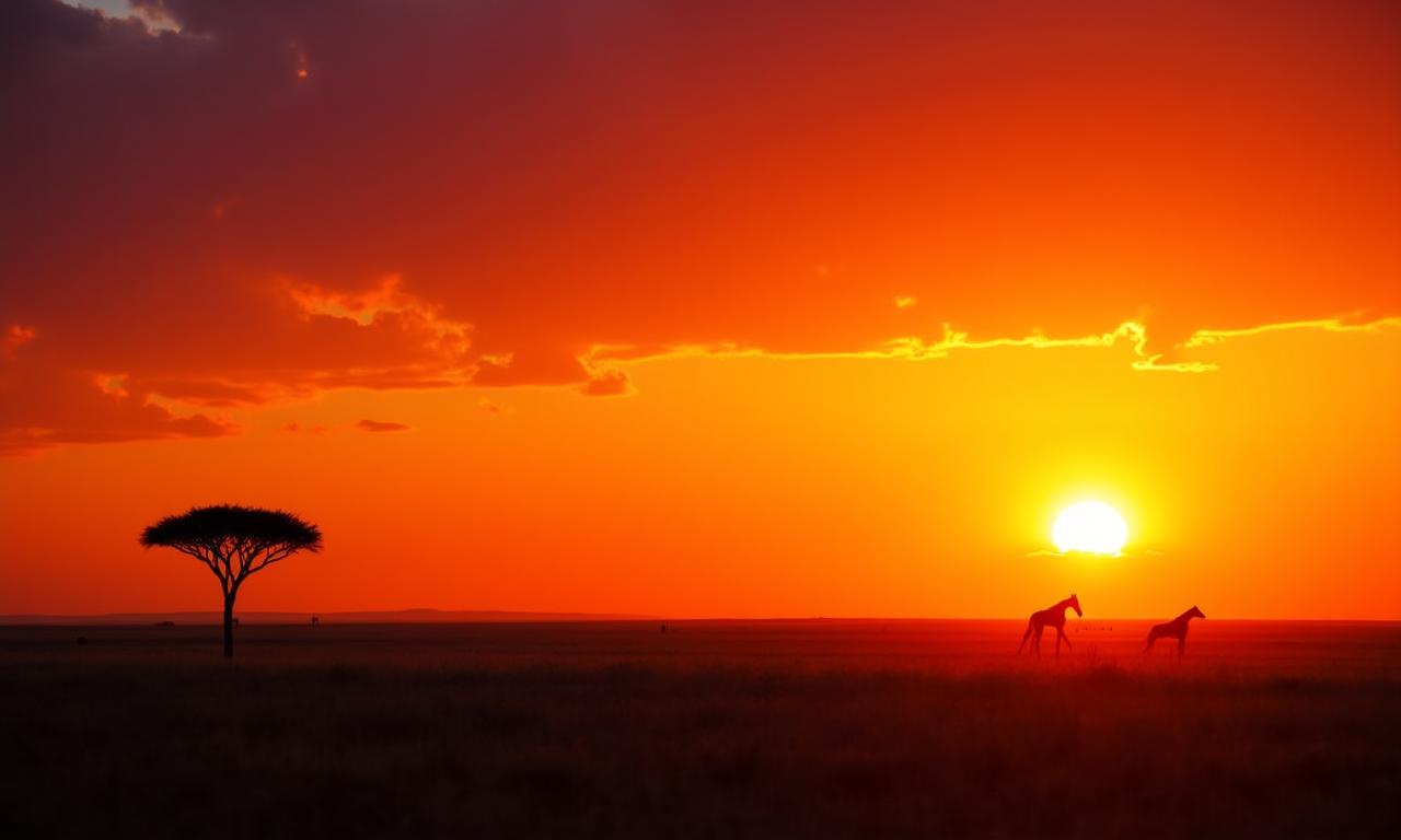 Widok na sawannę o zachodzie słońca