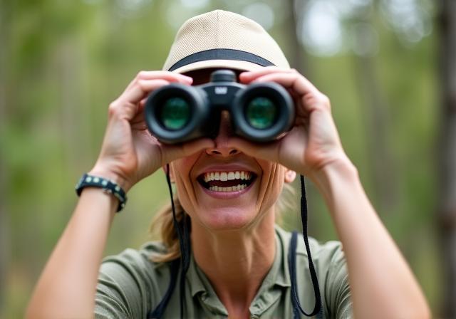 Uśmiechnięty podróżnik z lornetką