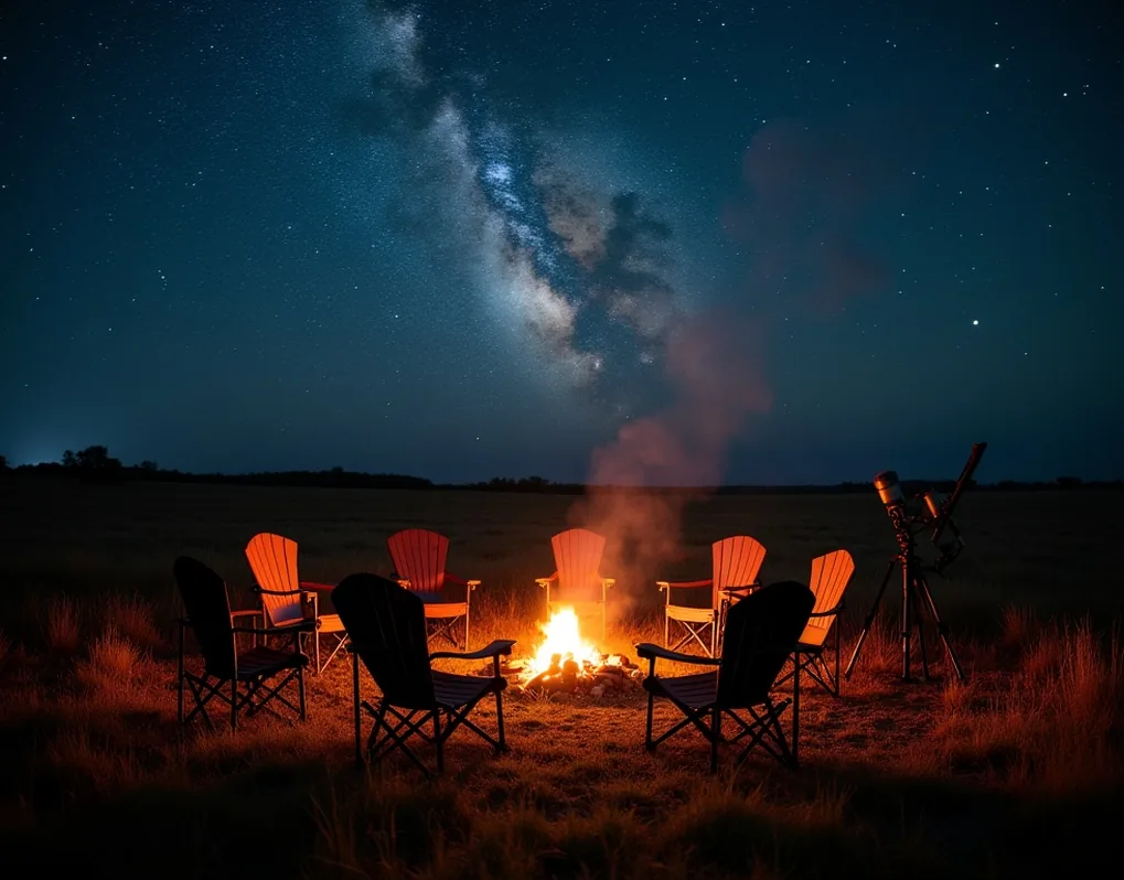Cozy campfire circle with telescopes and Milky Way overhead
