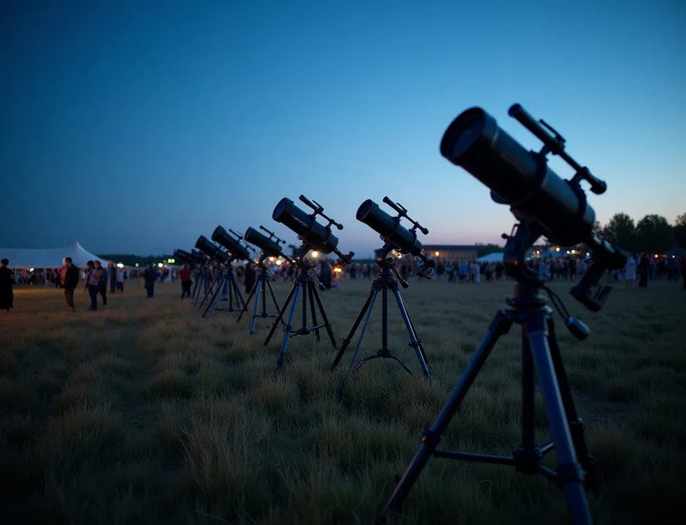 Multiple telescopes on tripods during a star party event