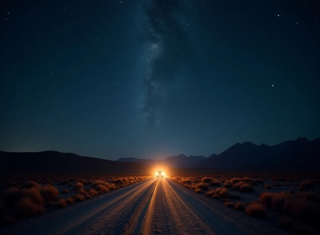 Winding dirt road into a vast dark desert under a sky full of stars