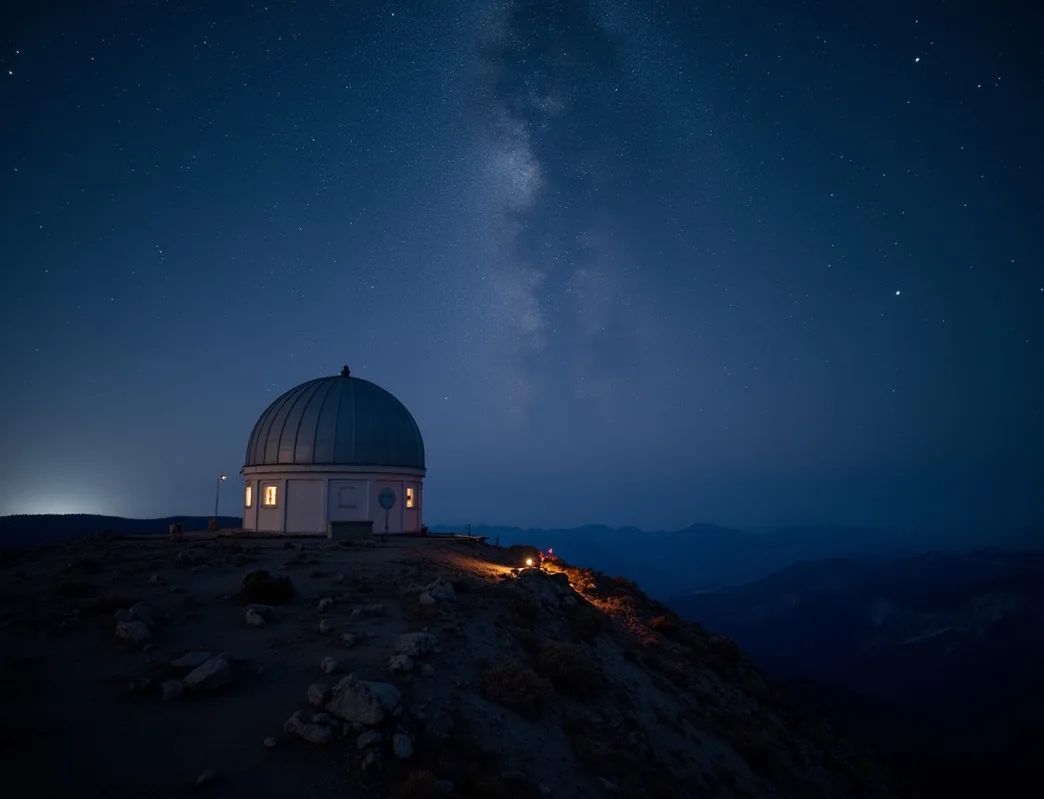 Aerial drone shot of a remote mountain observatory dome under stars