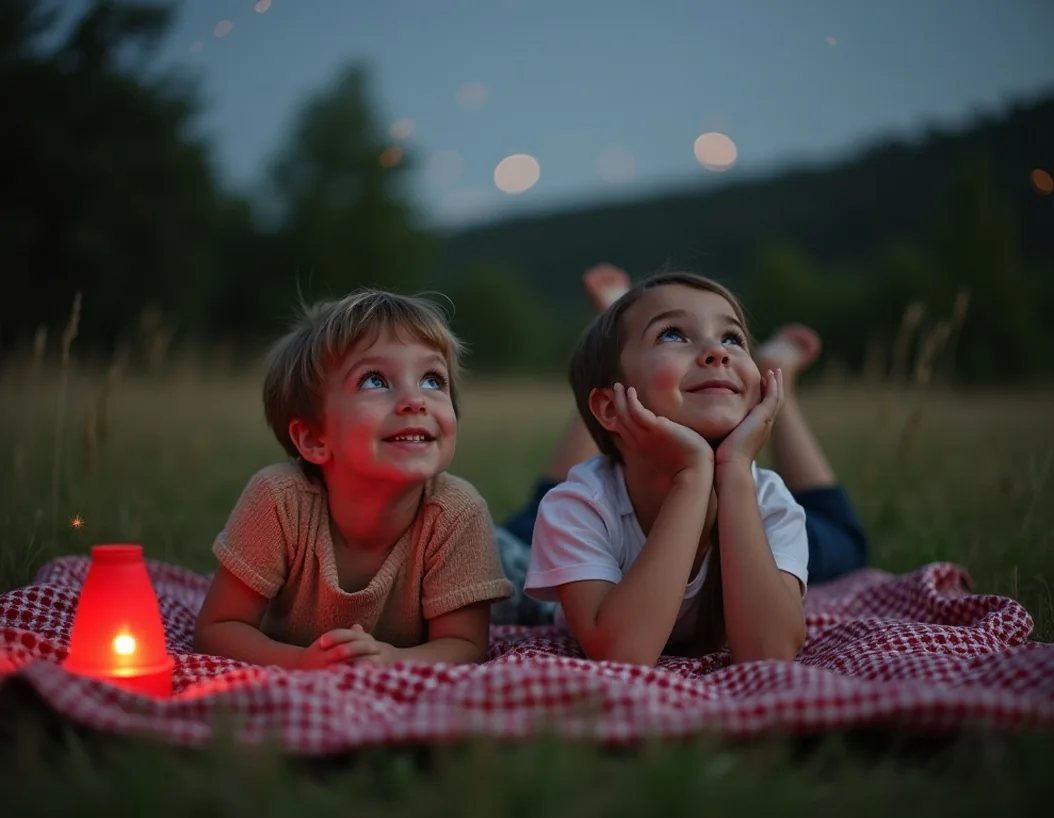 Children lying on a blanket in a meadow looking up at the stars