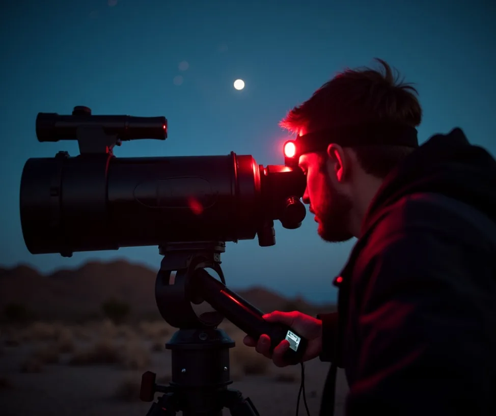 Large Dobsonian telescope pointed at the night sky with person looking through eyepiece