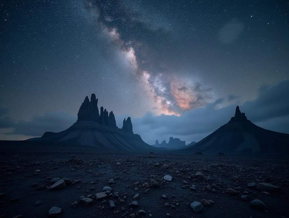 Dark volcanic plateau with jagged rocks under panoramic Milky Way