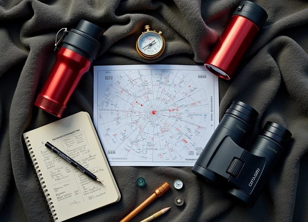 Flat lay of stargazing essentials on a wool blanket