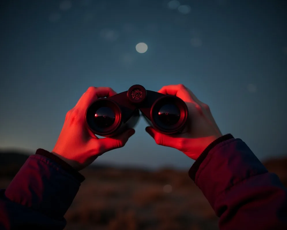 Hands holding astronomy binoculars against star-filled sky