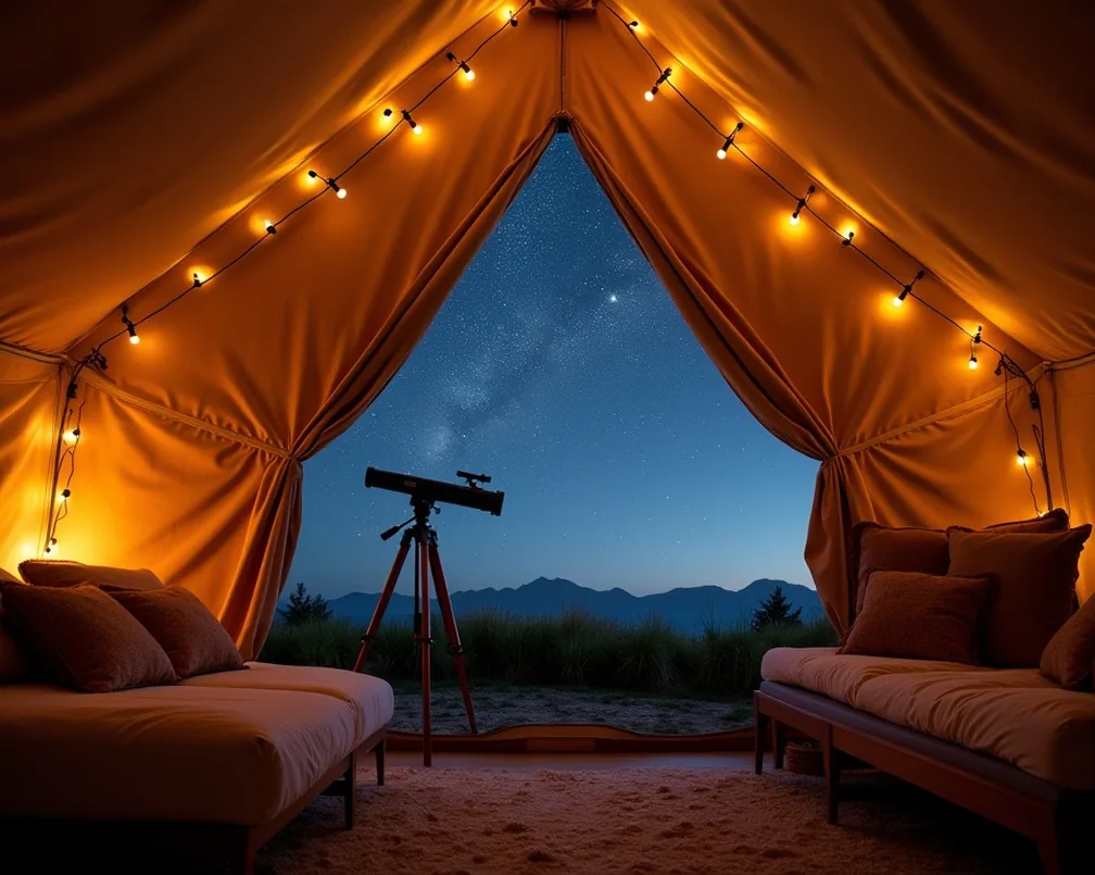Luxury glamping tent at night with telescope and starry sky view