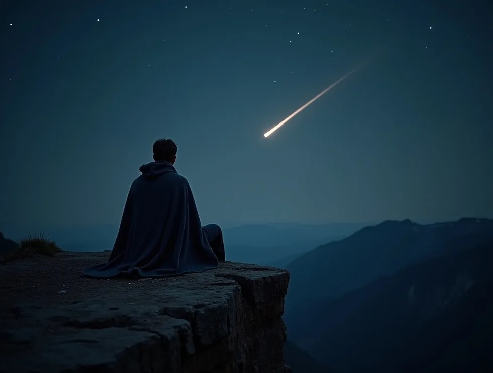 Person sitting on a cliff edge wrapped in a blanket watching a meteor streak across a dark sky