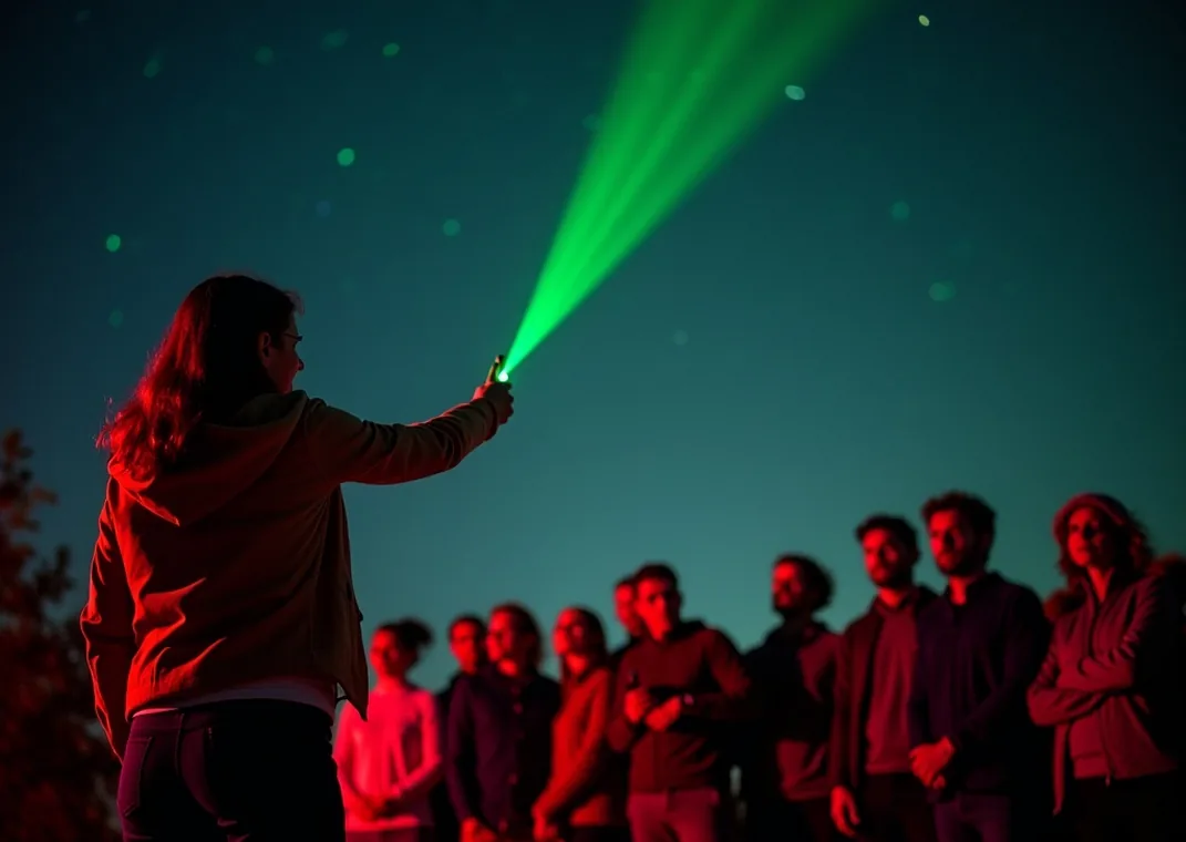 Professional astronomer pointing a green laser at constellations with a group watching